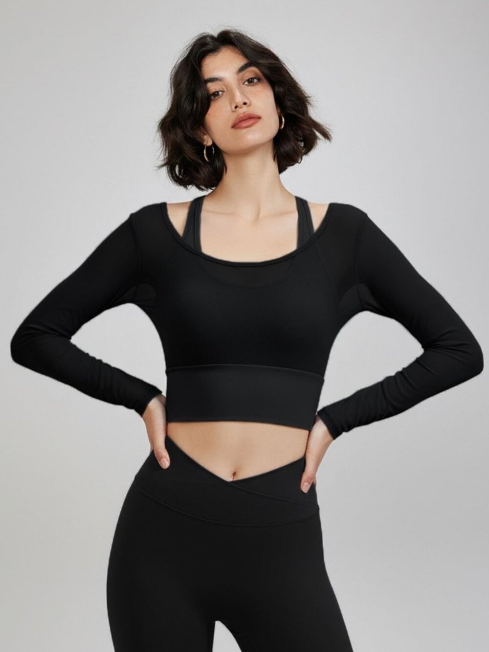 Y2K Sheer Mesh 2 in 1 Padded Long Sleeve Crop Top Black Layered Athleisure